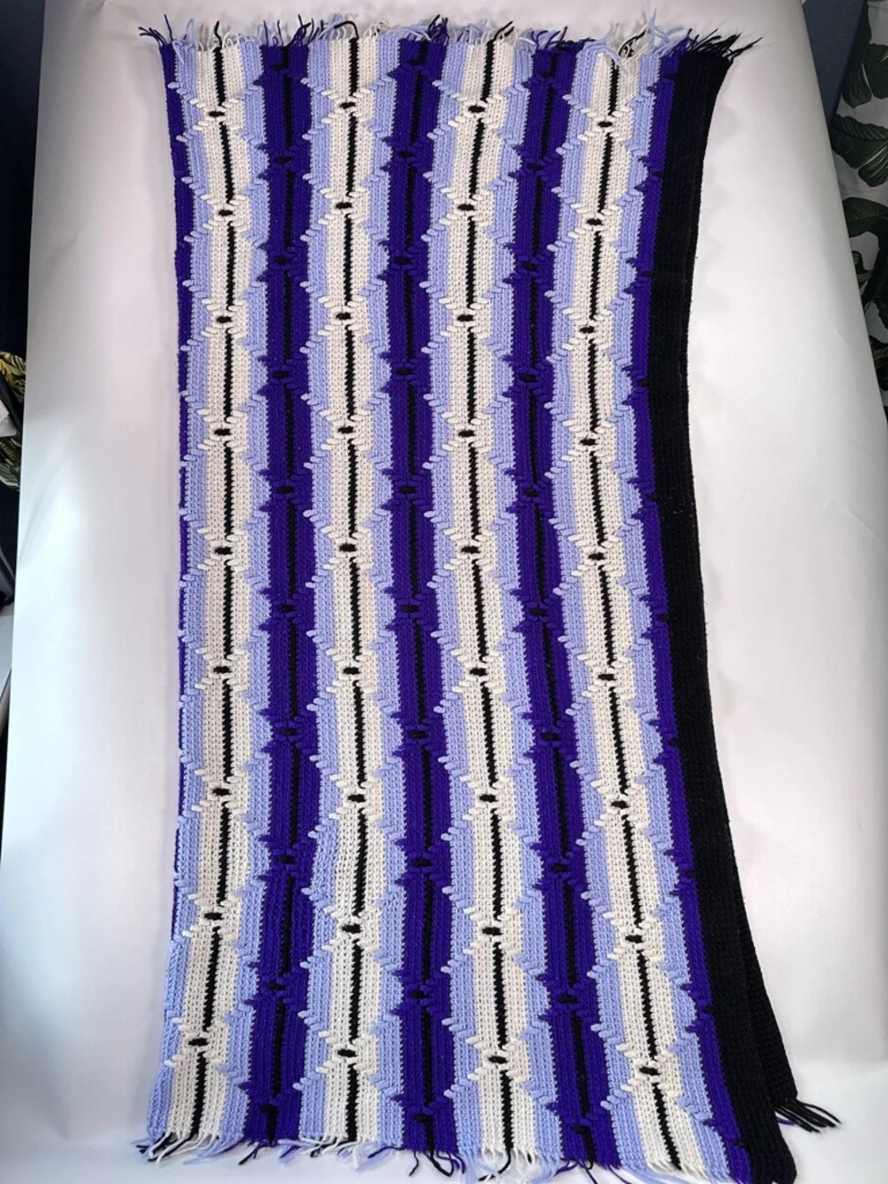 Handmade Throw Blanket Purple Striped Crochet Boho Fringe 50x52